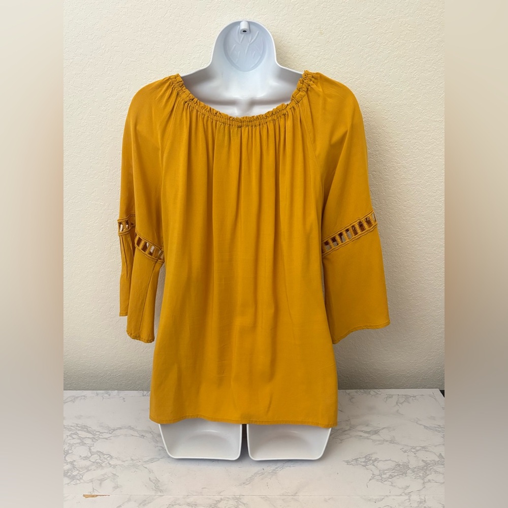 Melissa Paige Womens Boho Top Blouse PM Petite Long Bell Sleeve Yellow Blouse - Picture 3 of 5